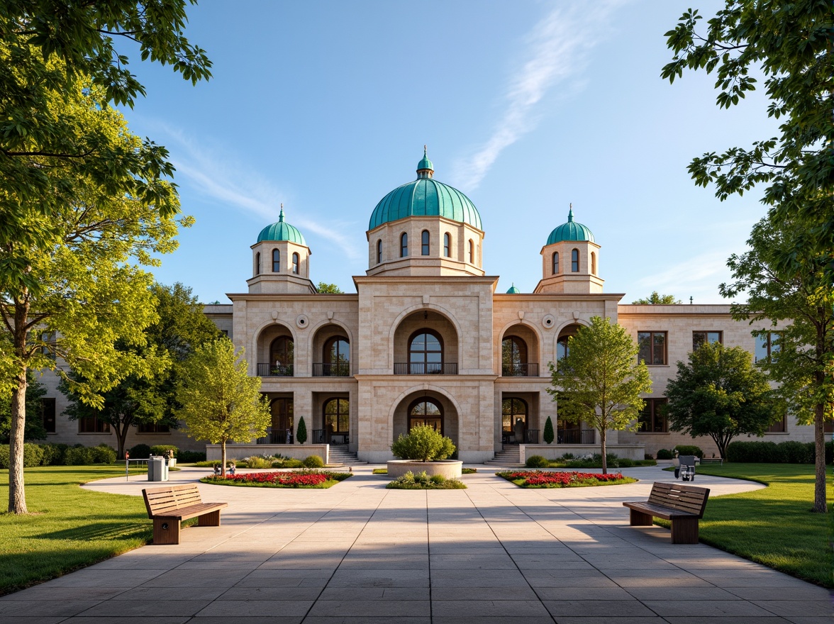 Prompt: Majestic Byzantine-style middle school building, ornate stone carvings, grand arches, vibrant turquoise domes, lush green lawns, blooming flower beds, meandering walkways, mature trees, shaded courtyards, rustic wooden benches, intricately patterned tile work, warm sunny day, soft natural lighting, shallow depth of field, 1/2 composition, symmetrical framing, realistic textures, ambient occlusion.