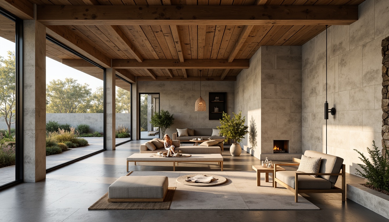 Prompt: Rustic modern villa, earthy tones, rough-hewn concrete walls, smooth plastered finishes, industrial chic aesthetic, natural stone accents, wooden beam ceilings, expansive windows, minimalist decor, warm ambient lighting, shallow depth of field, 1/1 composition, realistic textures, ambient occlusion.