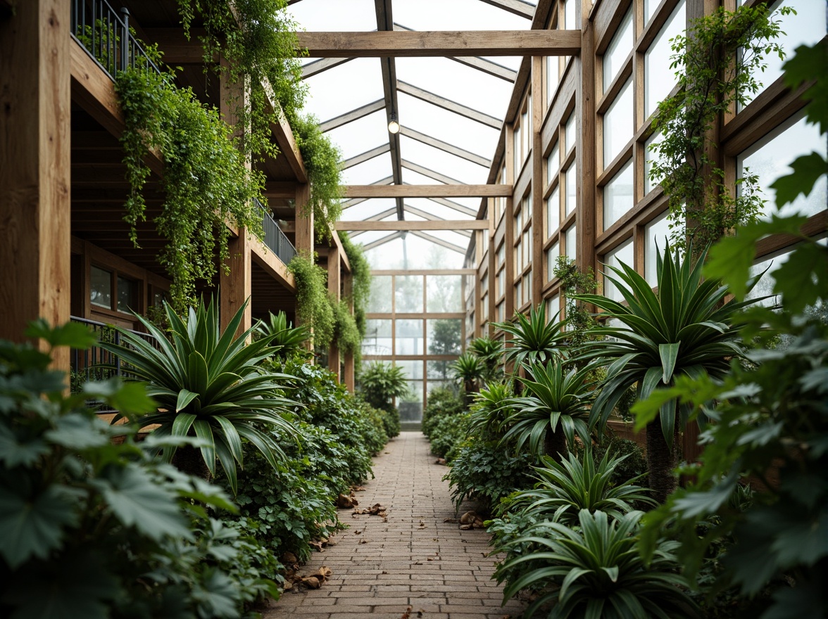 Prompt: Vibrant greenhouse interior, lush tropical plants, misty atmosphere, natural ventilation systems, wooden slat walls, polycarbonate roofs, clerestory windows, automated shading devices, climate control sensors, humidification systems, heat recovery units, living green walls, organic textures, earthy color palette, soft diffused lighting, shallow depth of field, 1/1 composition, realistic plant models, ambient occlusion.