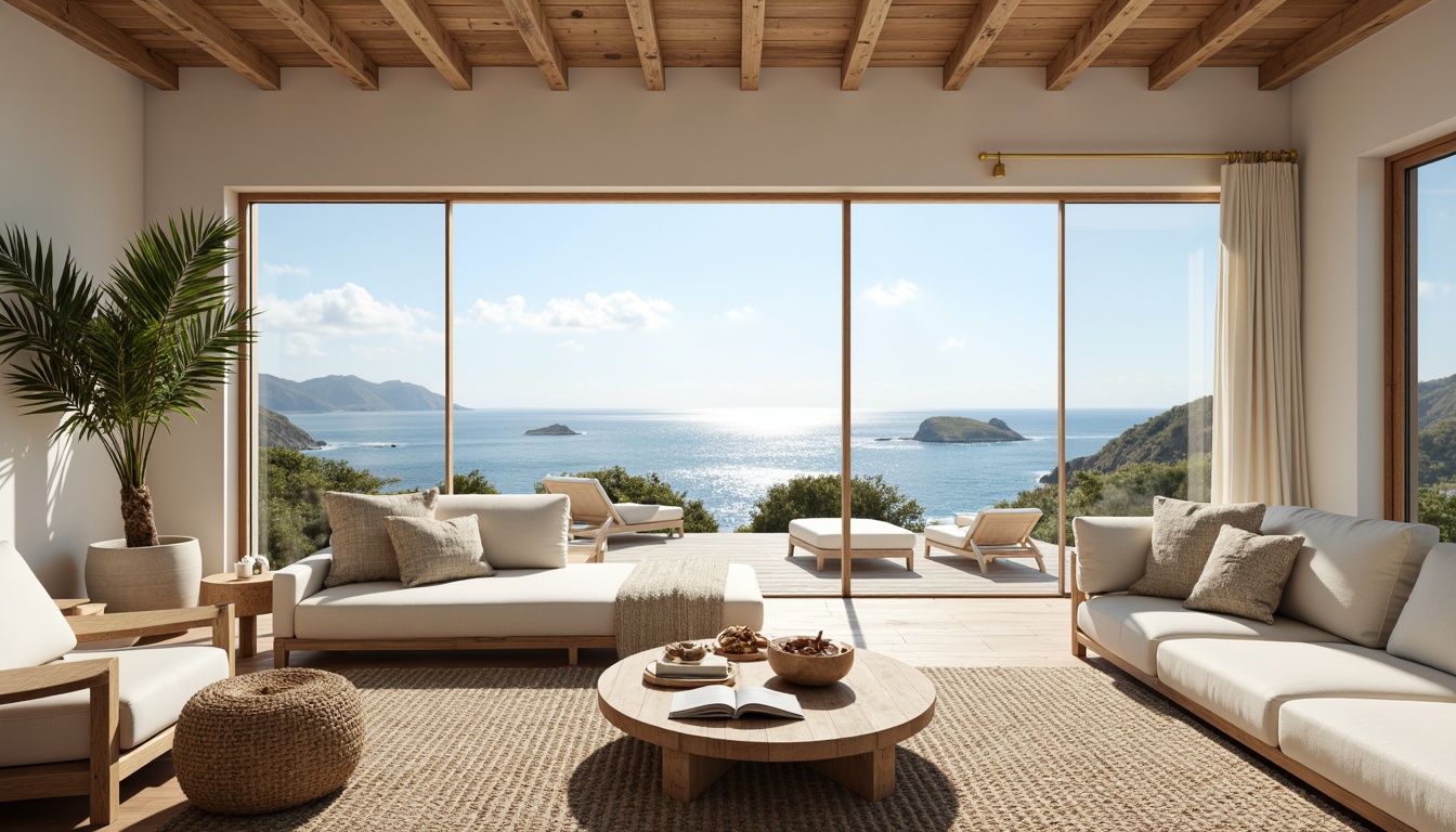 Prompt: Serenely decorated coastal living room, natural sea breeze, calming ocean views, driftwood accents, comfortable plush furniture, soft creamy whites, soothing blues, textured woven rugs, wooden floors, large windows, sliding glass doors, organic shapes, beachy vibes, warm sunny day, gentle diffused lighting, 1/1 composition, intimate atmosphere, cozy reading nooks, natural textiles, woven sea grass patterns.