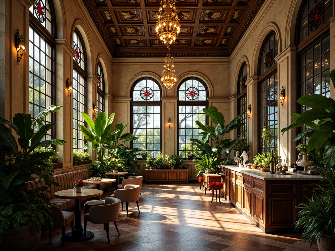 Prompt: Lush tropical plants, ornate ironwork, grandiose Baroque architecture, intricate stone carvings, stained glass windows, vibrant floral patterns, opulent chandeliers, marble countertops, rustic wooden accents, lavish furnishings, warm golden lighting, soft focus, shallow depth of field, 1/1 composition, intimate atmosphere, realistic textures, ambient occlusion.