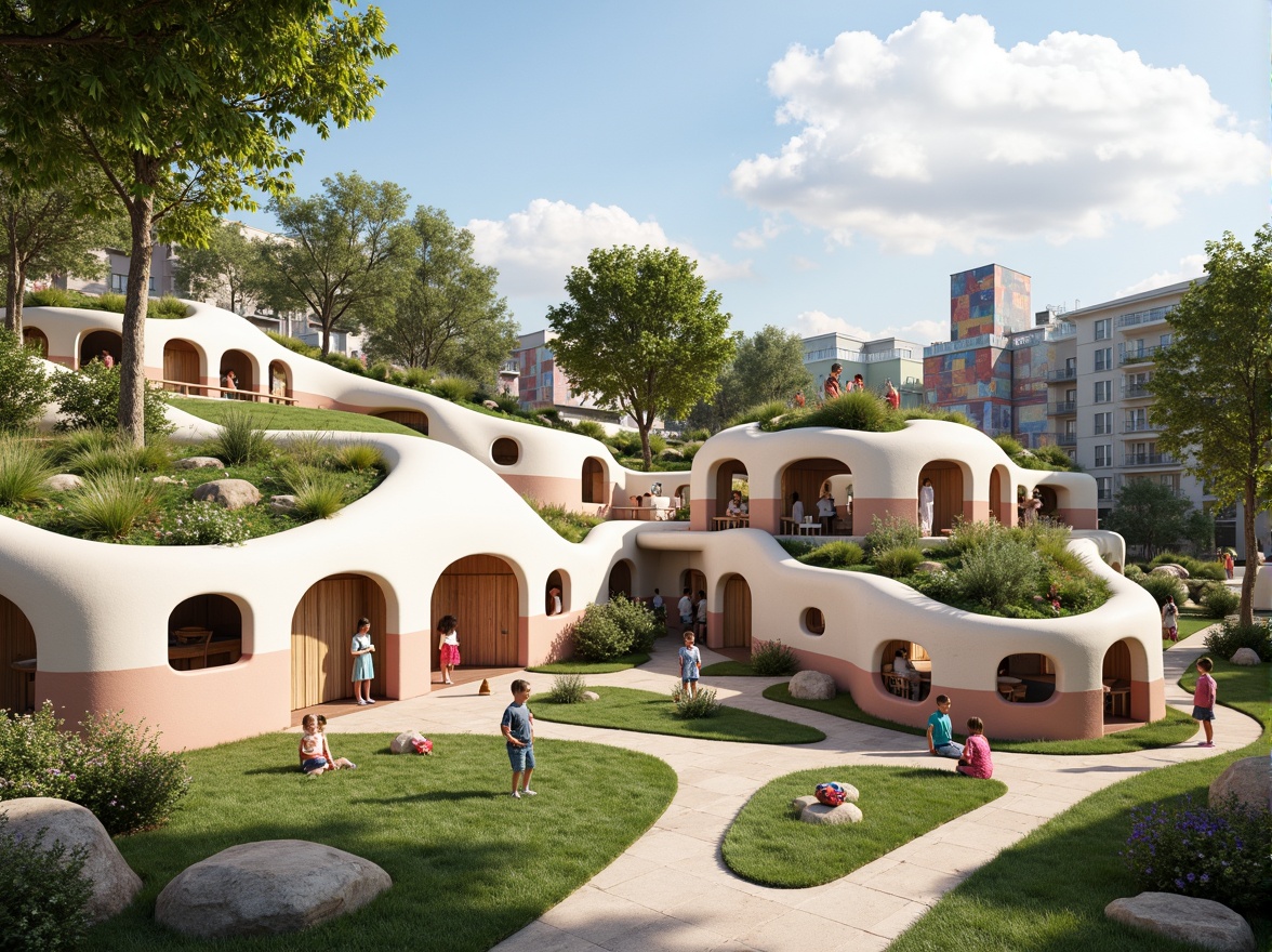 Prompt: Whimsical kindergarten, curvaceous blob-like structures, playful rounded corners, soft pastel colors, natural wood accents, earthy tones, lush green roofs, winding walkways, irregular shapes, free-form architecture, vibrant colorful textiles, educational murals, interactive play areas, cozy reading nooks, abundant natural light, warm sunny days, shallow depth of field, 1/1 composition, panoramic view, realistic textures, ambient occlusion.