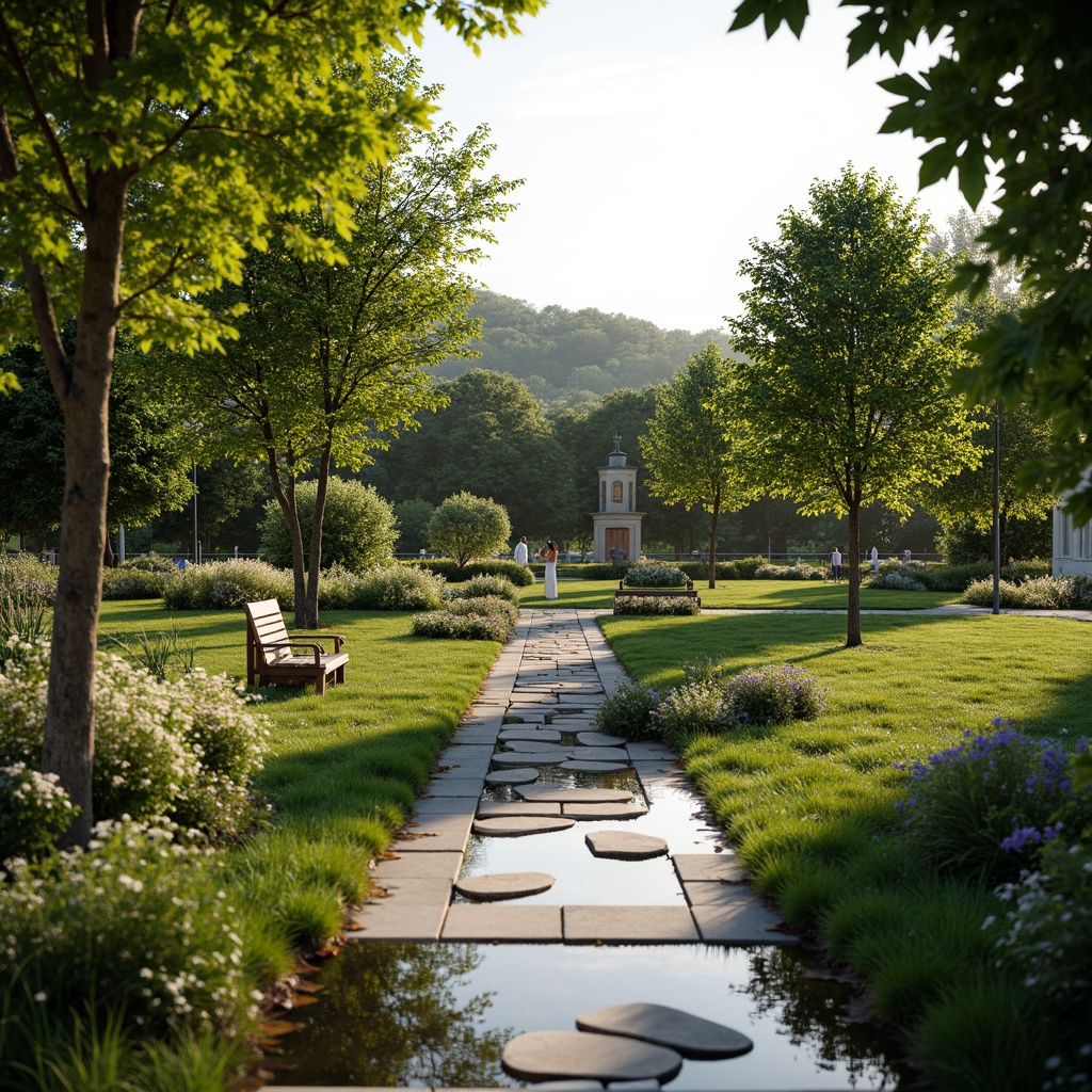 Prompt: Serenity memorial garden, lush greenery, tranquil water features, natural stone pathways, benches for reflection, commemorative plaques, gentle hill slopes, mature trees, vibrant blooming flowers, soft warm lighting, shallow depth of field, 3/4 composition, panoramic view, realistic textures, ambient occlusion.