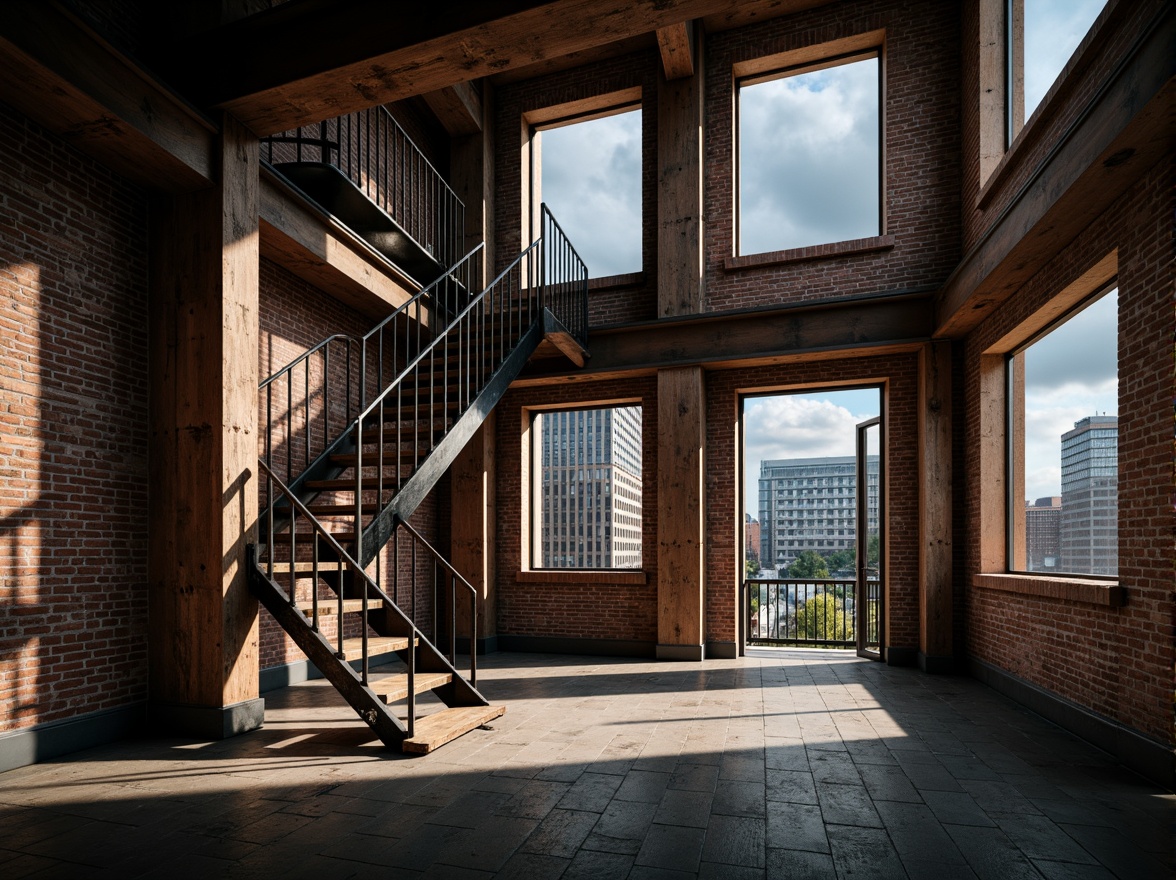 Prompt: Rustic industrial warehouse, galvanized steel beams, fire brick walls, exposed ductwork, metal staircase, distressed wooden floors, urban cityscape, overcast sky, dramatic shadows, high contrast lighting, 1/1 composition, cinematic camera angles, realistic metallic textures, ambient occlusion.