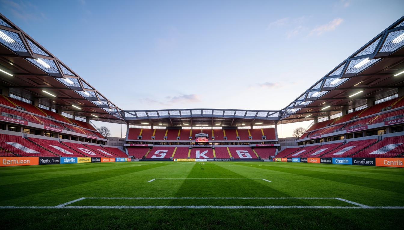 Prompt: Sleek football stadium, cantilevered roofs, lightweight metal beams, transparent polycarbonate fa\u00e7ades, minimal support columns, open-air concourses, vibrant team colors, lush green grass, modern scoreboards, LED floodlights, evening ambiance, warm sunset glow, shallow depth of field, 1/2 composition, panoramic view, realistic reflections, ambient occlusion.