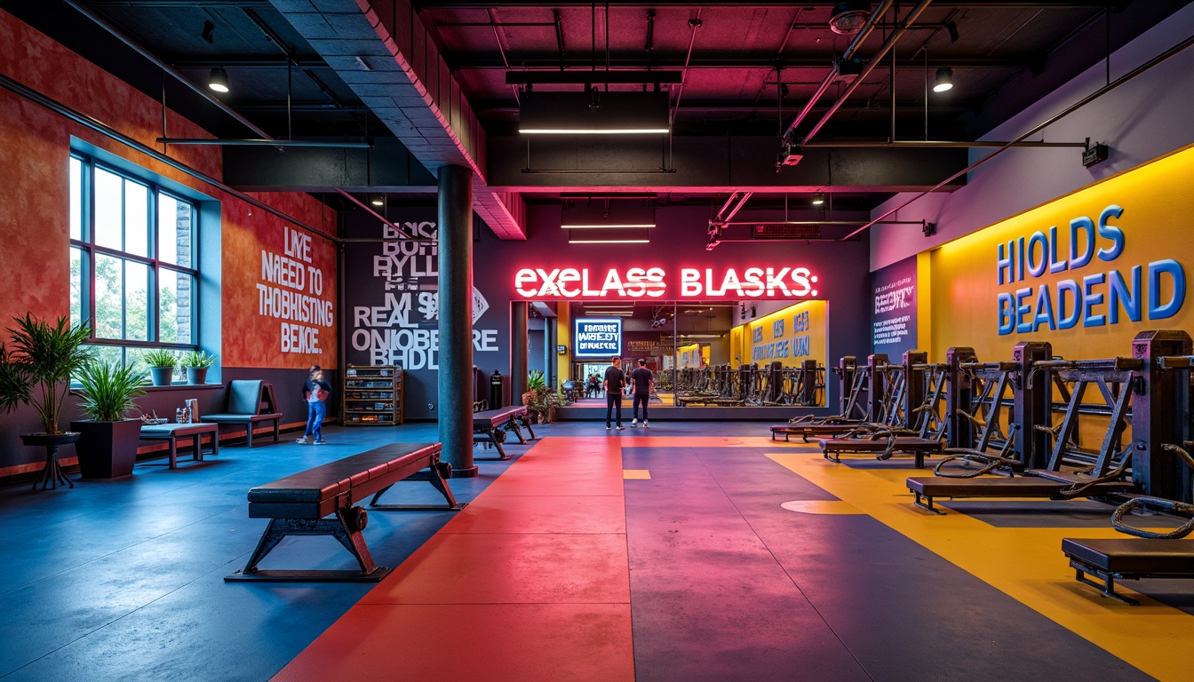 Prompt: Vibrant gym interior, bold color scheme, energetic atmosphere, dynamic flooring patterns, sleek metal equipment, motivational quotes, neon-lit signage, high-contrast lighting, modern architectural design, large windows, natural ventilation systems, open spaces, athletic-inspired artwork, intense warm colors, deep blue tones, bright yellow accents, industrial-style textures, urban loft ambiance.