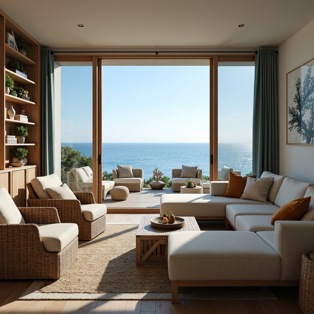 Prompt: Soothing ocean views, calming blue hues, driftwood furniture, natural fiber rugs, woven wicker chairs, plush sectional sofas, airy floor-to-ceiling windows, sliding glass doors, beach-inspired artwork, coral-patterned accents, weathered wood shelves, soft creamy lighting, 1/1 composition, intimate scale, cozy reading nooks, textured throw blankets, organic shapes, earthy materials, serene ambiance, subtle nautical touches.