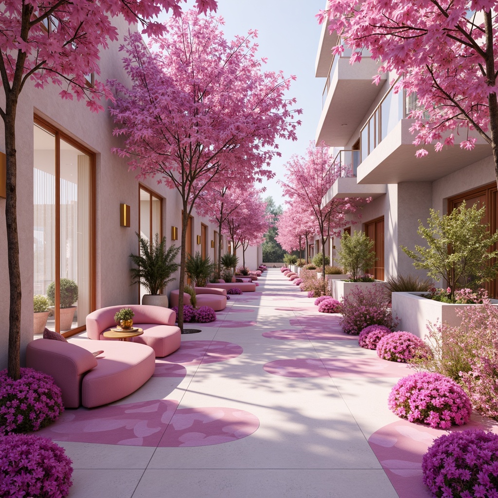 Prompt: Vibrant orchid hues, delicate petal-inspired colors, soft pastel shades, whimsical floral patterns, luxurious velvet textures, ornate golden accents, sophisticated modern architecture, sleek lines, minimalistic design, abundant natural light, shallow depth of field, 3/4 composition, panoramic view, realistic renderings, ambient occlusion.