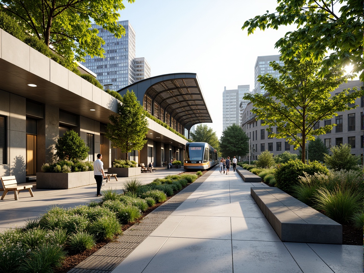 Prompt: Vibrant tram station, lush green roofs, native plant species, rainwater harvesting systems, permeable pavements, solar-powered lighting, eco-friendly signage, natural stone benches, modern minimalist architecture, angular lines, curved glass canopies, overhead trellises, climbing plants, living walls, urban forestry, misting systems, shallow water features, 1/1 composition, soft warm lighting, realistic textures, ambient occlusion.