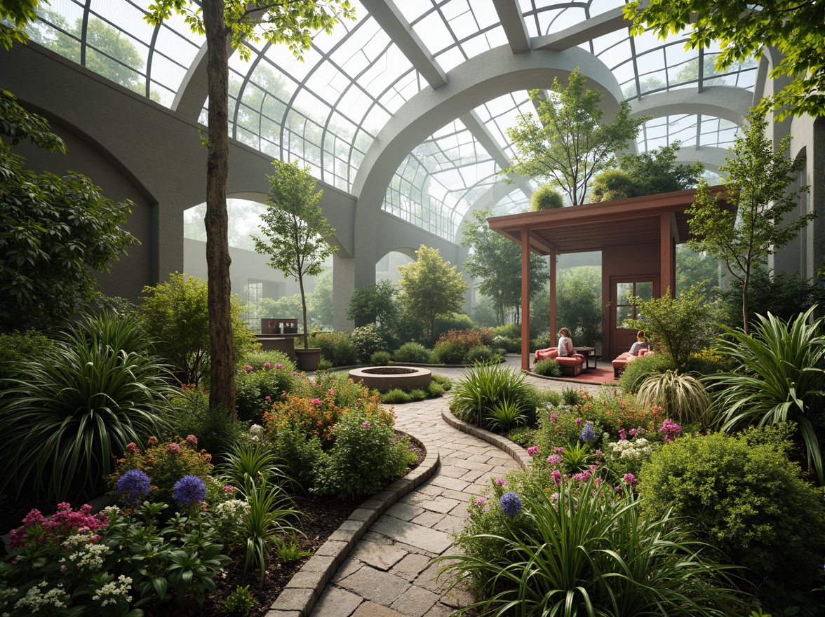 Prompt: Whimsical greenhouse, lush tropical plants, vibrant flowers, misty atmosphere, natural stone walls, curved glass roofs, modern expressionist architecture, irregular shapes, abstract patterns, bold colorful accents, innovative ventilation systems, automatic windows, solar-powered fans, evaporative cooling systems, humidification systems, organic textiles, reclaimed wood, living walls, lush green roofs, warm soft lighting, shallow depth of field, 1/1 composition, realistic textures, ambient occlusion.