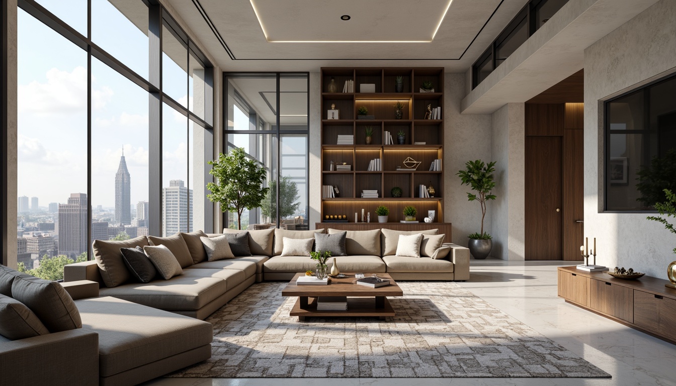 Prompt: Modern living room, sleek minimalist furniture, luxurious velvet sofas, geometric patterned rugs, floor-to-ceiling windows, natural light, urban city views, polished marble floors, statement lighting fixtures, functional shelving units, cozy reading nooks, plush throw pillows, metallic accents, monochromatic color scheme, 1/1 composition, softbox lighting, realistic textures, ambient occlusion.