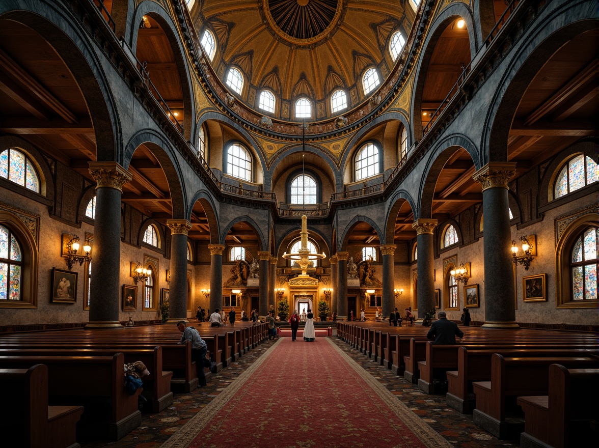 Prompt: Majestic Byzantine church, grand arches, ornate stone carvings, intricate mosaics, golden domes, vaulted ceilings, decorative columns, marble floors, ornamental capitals, sacred relics, dimly lit interiors, warm candlelight, richly textured fabrics, solemn atmosphere, symmetrical composition, high-contrast lighting, dramatic shadows, ancient historical significance.