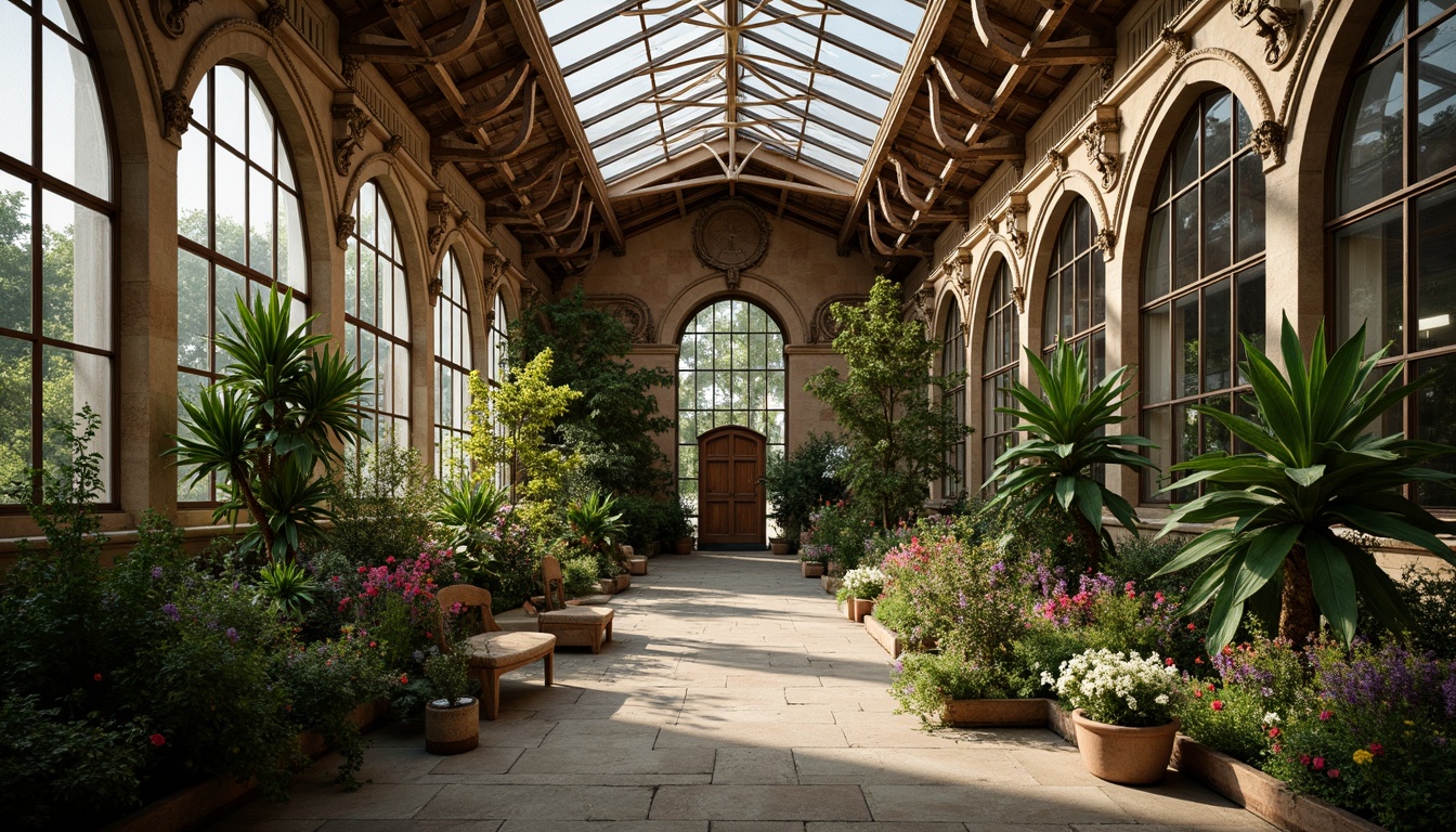 Prompt: Ornate greenhouse, lush tropical plants, intricate stone carvings, grandiose arches, ornamental ironwork, stained glass windows, rustic wooden doors, vibrant flower arrangements, soft natural lighting, warm earthy tones, curved lines, asymmetrical composition, dramatic shadows, ambient occlusion, realistic textures.