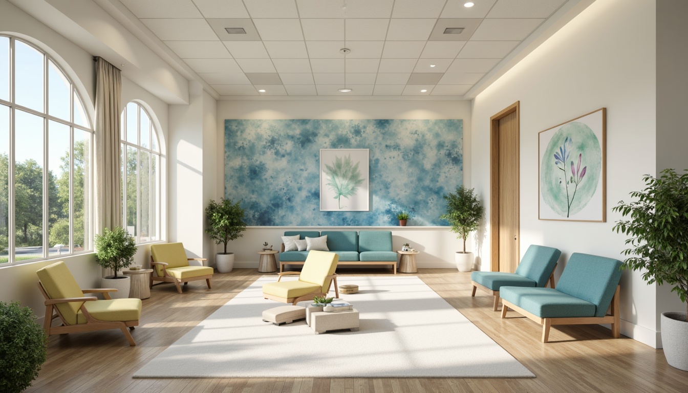 Prompt: Calming healthcare center, soothing color scheme, soft blues, gentle greens, creamy whites, warm beige tones, natural wood accents, subtle texture patterns, minimal ornamentation, clean lines, modern architecture, ample natural light, indirect sunlight, comfortable seating areas, calming art pieces, peaceful ambiance, shallow depth of field, 1/1 composition, realistic renderings, ambient occlusion.