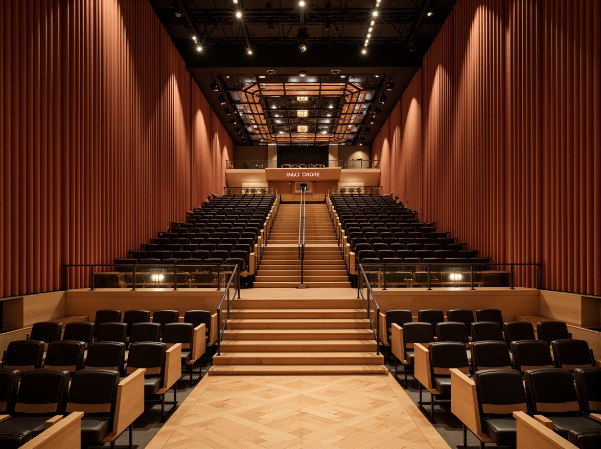 Prompt: Luxurious concert hall, polished wooden floors, velvet curtains, acoustic panels, sound-absorbing materials, gleaming metallic surfaces, futuristic light fixtures, grand staircase, sweeping archways, minimalist decor, premium leather seating, sleek glass railings, warm ambient lighting, shallow depth of field, 3/4 composition, panoramic view, realistic textures, ambient occlusion.