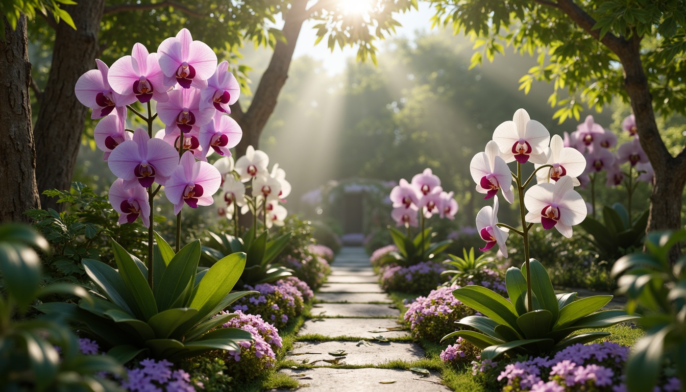 Prompt: Whimsical botanical garden, delicate orchid blooms, pastel purple hues, soft pink undertones, creamy whites, lush green foliage, intricate flower patterns, natural stone pathways, warm sunlight, gentle mist, shallow depth of field, 1/1 composition, vibrant color accents, realistic textures, ambient occlusion.