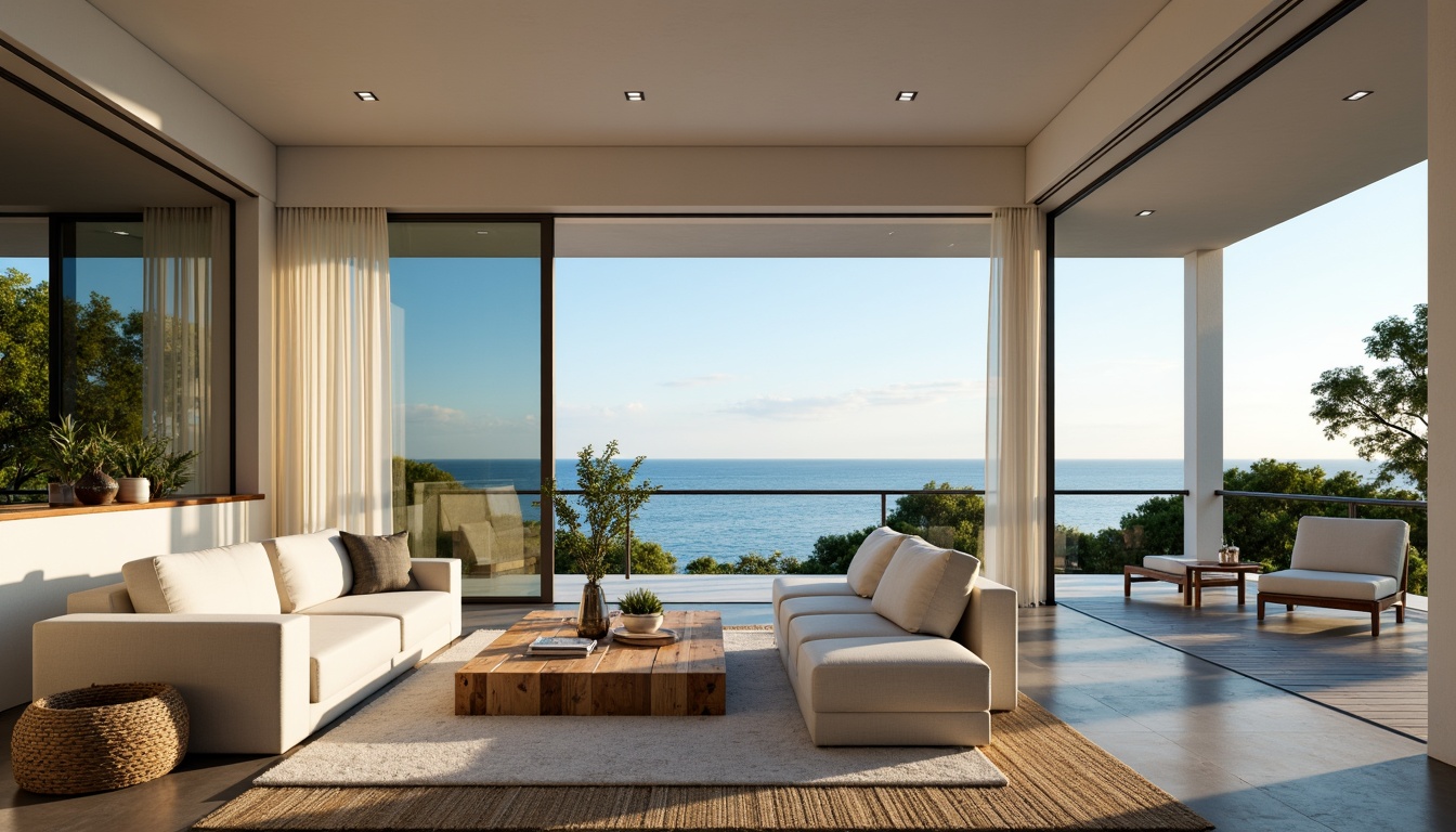 Prompt: Serene coastal living room, soft ocean breeze, calming blue hues, natural textures, driftwood furniture, woven rattan accents, plush area rugs, comfortable sectional sofas, floor-to-ceiling windows, sliding glass doors, stunning ocean views, warm sunny day, soft golden lighting, 1/2 composition, atmospheric perspective, realistic render, detailed normal maps.