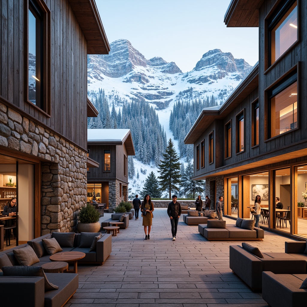 Prompt: Snow-capped mountain peaks, rustic wooden accents, earthy stone walls, vibrant ski resort colors, modern metallic fa\u00e7ades, sleek glass elevations, cozy cabin-inspired interiors, warm ambient lighting, misty morning atmosphere, shallow depth of field, 1/2 composition, realistic rocky textures, ambient occlusion, natural material palettes, earth-toned terracotta flooring, wooden beam ceilings, comfortable seating areas, warm coffee shop ambiance, soft instrumental background music.