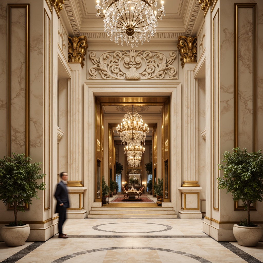 Prompt: Elegant neoclassical fa\u00e7ade, cream-colored marble, ornate columns, intricately carved details, grand entrance, symmetrical composition, richly patterned floors, polished bronze hardware, crystal chandeliers, opulent interior design, lavish decorations, soft warm lighting, shallow depth of field, 1/1 composition, realistic textures, ambient occlusion.