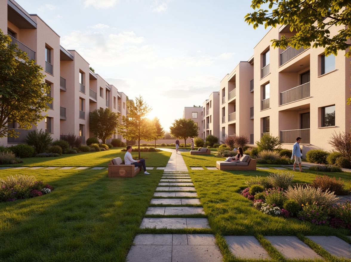 Prompt: Warm beige residential buildings, soft creamy facades, pastel pink accents, lush green lawns, vibrant flowerbeds, natural stone walkways, wooden benches, cozy outdoor lighting, warm golden sunsets, shallow depth of field, 1/1 composition, realistic textures, ambient occlusion.