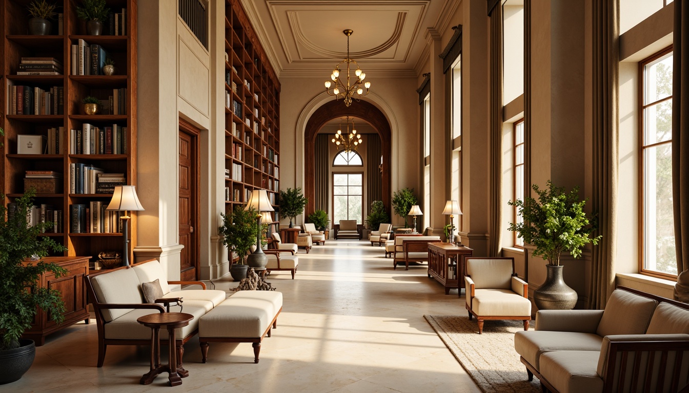 Prompt: Elegant neoclassical library interior, warm beige walls, rich walnut wood shelves, ornate gold accents, soft cream-colored marble floors, intricately carved wooden furniture, classical columns, grand chandeliers, comfortable reading nooks, floor-to-ceiling bookshelves, subtle earthy tones, muted greenery, natural light pouring in through large windows, warm golden lighting, shallow depth of field, 1/1 composition, realistic textures, ambient occlusion.