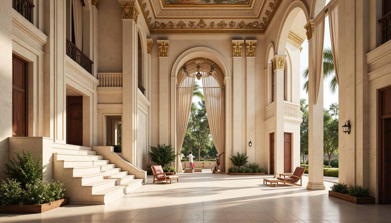 Prompt: Grandiose columns, ornate carvings, classical proportions, cream-colored marble, soft beige stone, rich gold accents, intricate moldings, elegant archways, symmetrical facades, subtle gradient skies, warm afternoon lighting, shallow depth of field, 2/3 composition, realistic textures, ambient occlusion, luxurious velvet drapes, ornamental frescoes, refined stucco walls, sophisticated chandeliers.