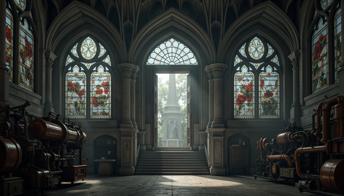 Prompt: Gothic arches, ribbed vaults, ornate tracery, grandiose entrance, mystical stained glass windows, industrial machinery, steam pipes, metallic structures, intricate stonework, weathered copper accents, mysterious foggy atmosphere, soft misty lighting, 1/1 composition, dramatic shadows, ambient occlusion, realistic textures.