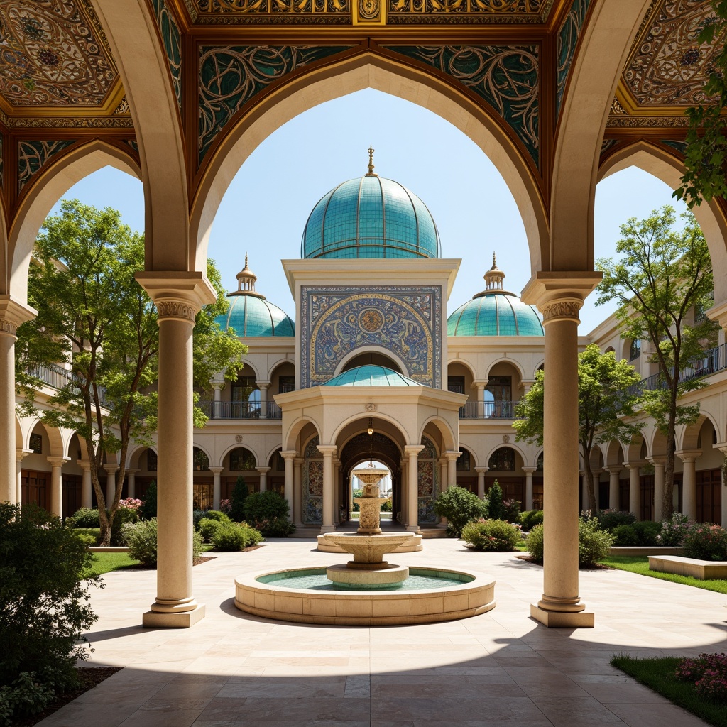 Prompt: \Majestic middle school, Byzantine architecture style, grand arches, ornate columns, intricate mosaics, vibrant turquoise domes, golden accents, marble flooring, lush greenery, courtyard fountain, educational murals, sunny afternoon, warm soft lighting, shallow depth of field, 1/1 composition, symmetrical balance, realistic textures, ambient occlusion.\