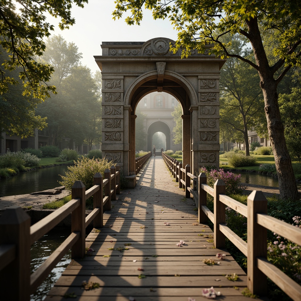 Prompt: Intricate stone carvings, ornate metalwork, majestic arches, rustic stonework, weathered wooden bridges, ancient waterways, serene riverbanks, lush greenery, vibrant flowers, misty mornings, warm golden lighting, shallow depth of field, 3/4 composition, panoramic view, realistic textures, ambient occlusion.