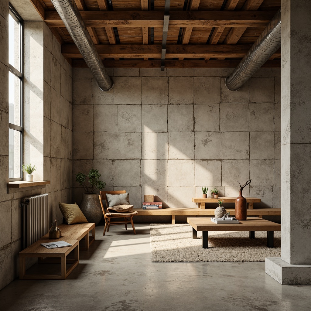 Prompt: Rustic textured walls, plastered concrete surfaces, earthy tones, natural materials, industrial aesthetic, urban loft ambiance, reclaimed wood accents, metal beams, exposed ductwork, modern minimalist decor, soft warm lighting, shallow depth of field, 3/4 composition, realistic textures, ambient occlusion.