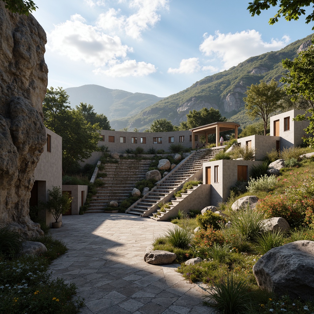 Prompt: Rugged brutalist amphitheater, weathered concrete structures, angular stepped seating, lush greenery integration, native plant species, natural stone walls, water feature cascades, misty atmosphere, warm golden lighting, dramatic shadows, 3/4 composition, symmetrical framing, realistic rock textures, ambient occlusion, surrounding hillside landscape, distant mountain views, blue sky with puffy clouds, warm sunny day, soft breeze.