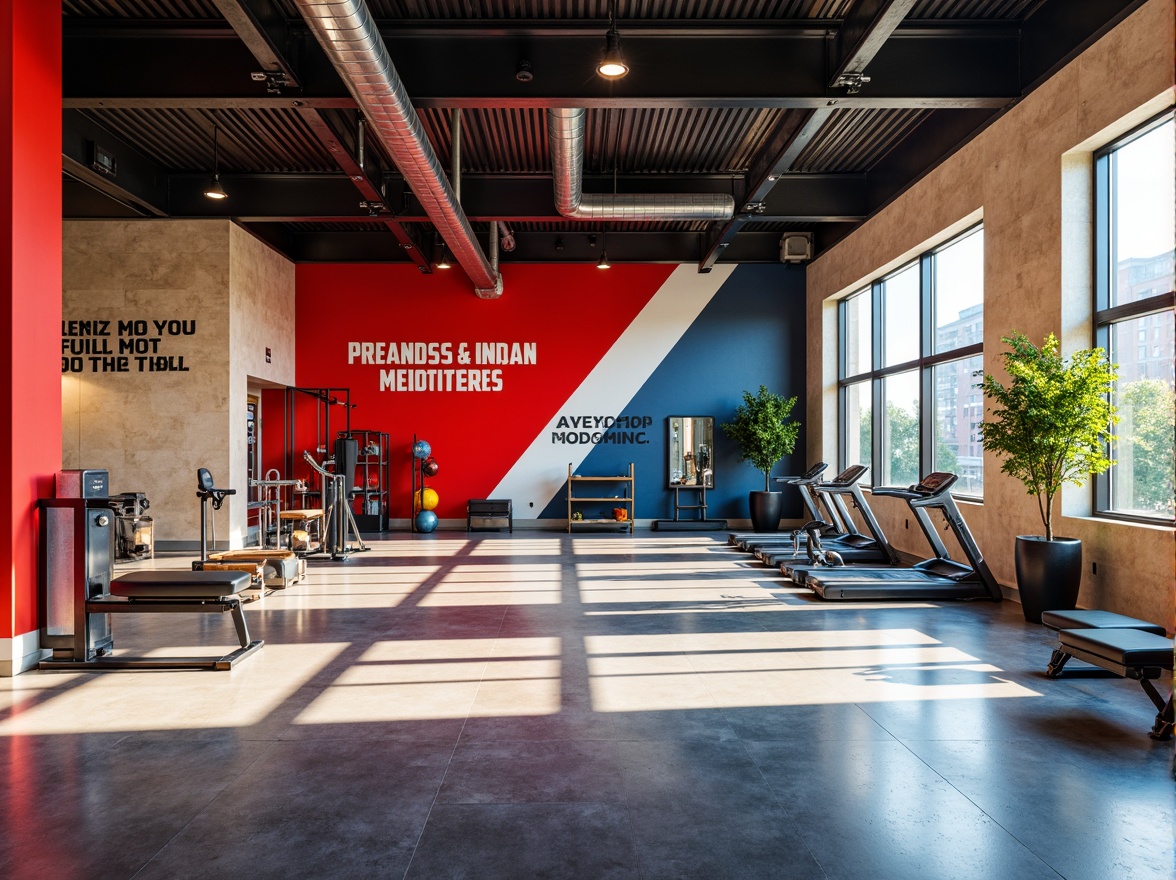 Prompt: Vibrant fitness studio, energetic color scheme, bold red accents, calming blue tones, neutral beige walls, motivational quotes, state-of-the-art exercise equipment, mirrored floors, high ceilings, natural light pouring in, modern industrial architecture, metal beams, exposed ductwork, abstract geometric patterns, contrasting textures, dynamic shadows, 1/1 composition, realistic renderings, ambient occlusion.