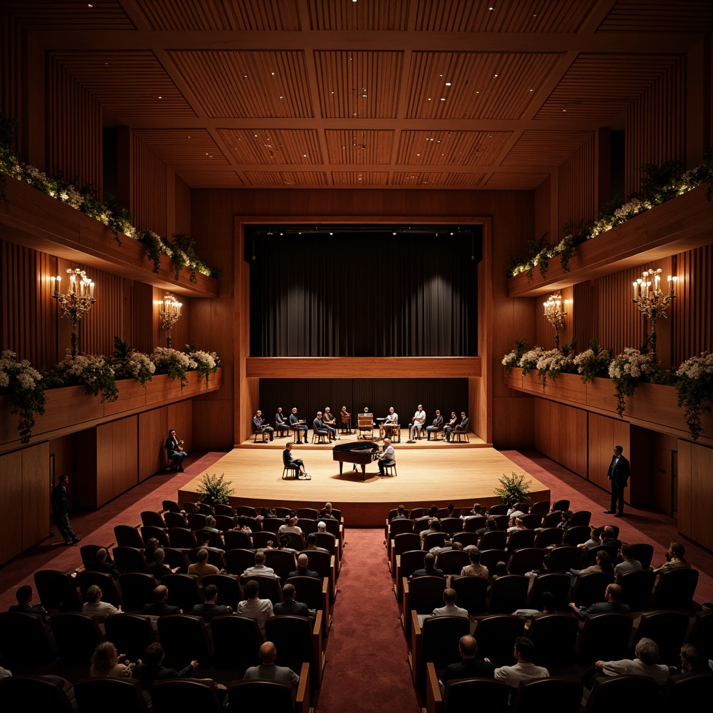 Prompt: Intimate concert hall, rich wood tones, velvety darkness, plush audience seating, curved balconies, ornate chandeliers, sound-absorbing panels, resonant ceilings, reverberation chambers, acoustic diffusers, precision-crafted stage, grand piano, warm spotlighting, dramatic lighting transitions, shallow depth of field, 2/3 composition, realistic textures, ambient occlusion.