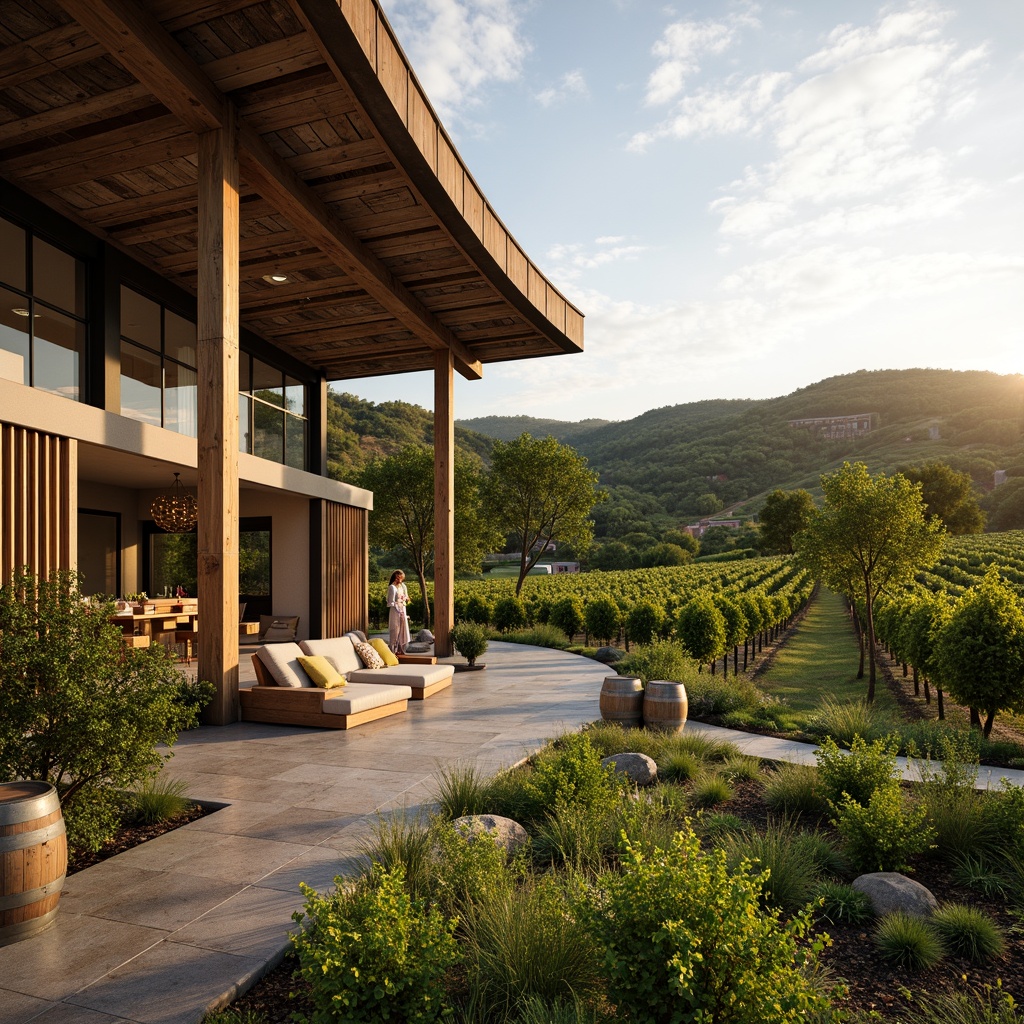 Prompt: Rolling vineyards, lush green hills, rustic stone walls, wooden trellises, verdant grapevines, sunny afternoon, warm golden light, shallow depth of field, 3/4 composition, natural stone pathways, modern minimalist architecture, curved lines, large windows, glass doors, steel beams, reclaimed wood accents, earthy color palette, organic textures, ambient occlusion, wine cellar, fermentation tanks, oak barrels, grape harvesting equipment, rustic wooden crates, wine tasting areas, elegant chandeliers.