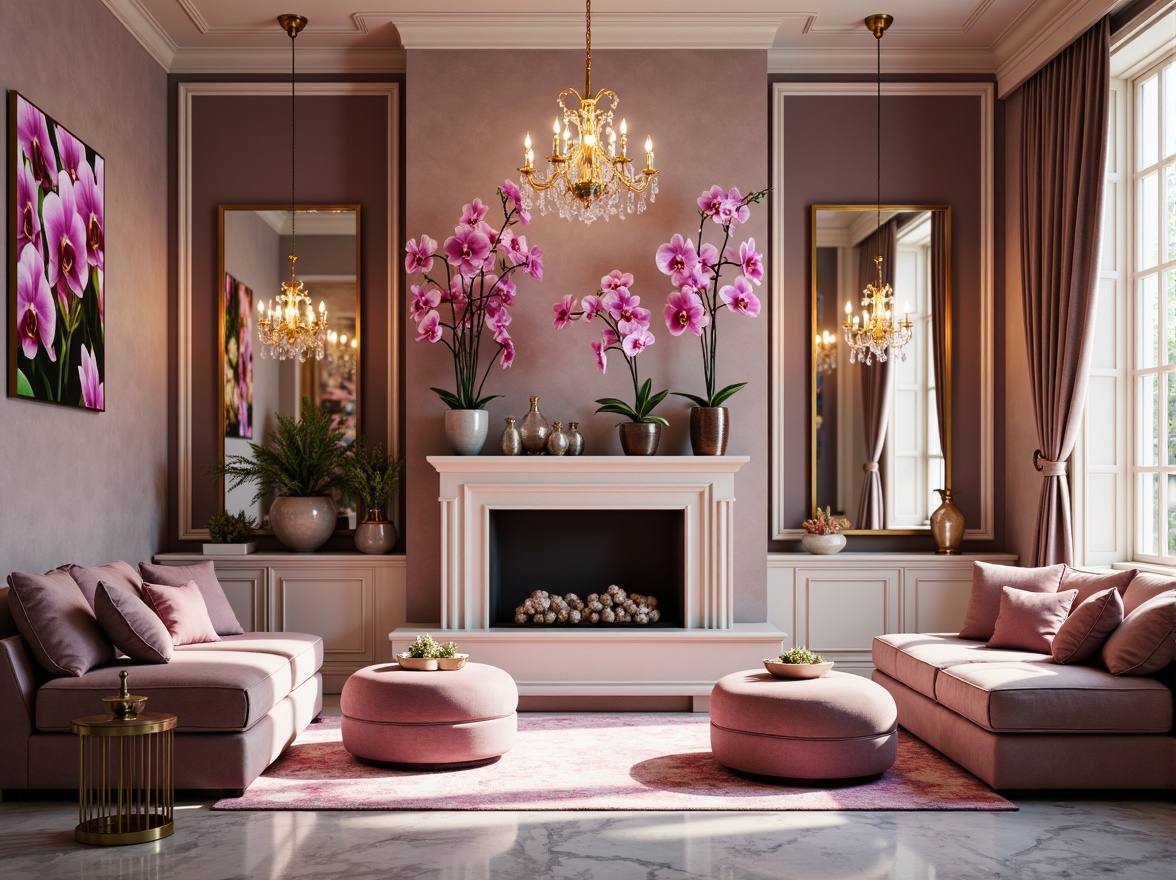 Prompt: Elegant orchid-inspired interior design, luxurious velvet fabrics, soft pastel hues, delicate petals, subtle sheen, rich jewel tones, sophisticated modern furniture, sleek metallic accents, crystal chandeliers, lavish drapery, opulent marble floors, warm golden lighting, shallow depth of field, 1/1 composition, intimate atmosphere, realistic textures, ambient occlusion.