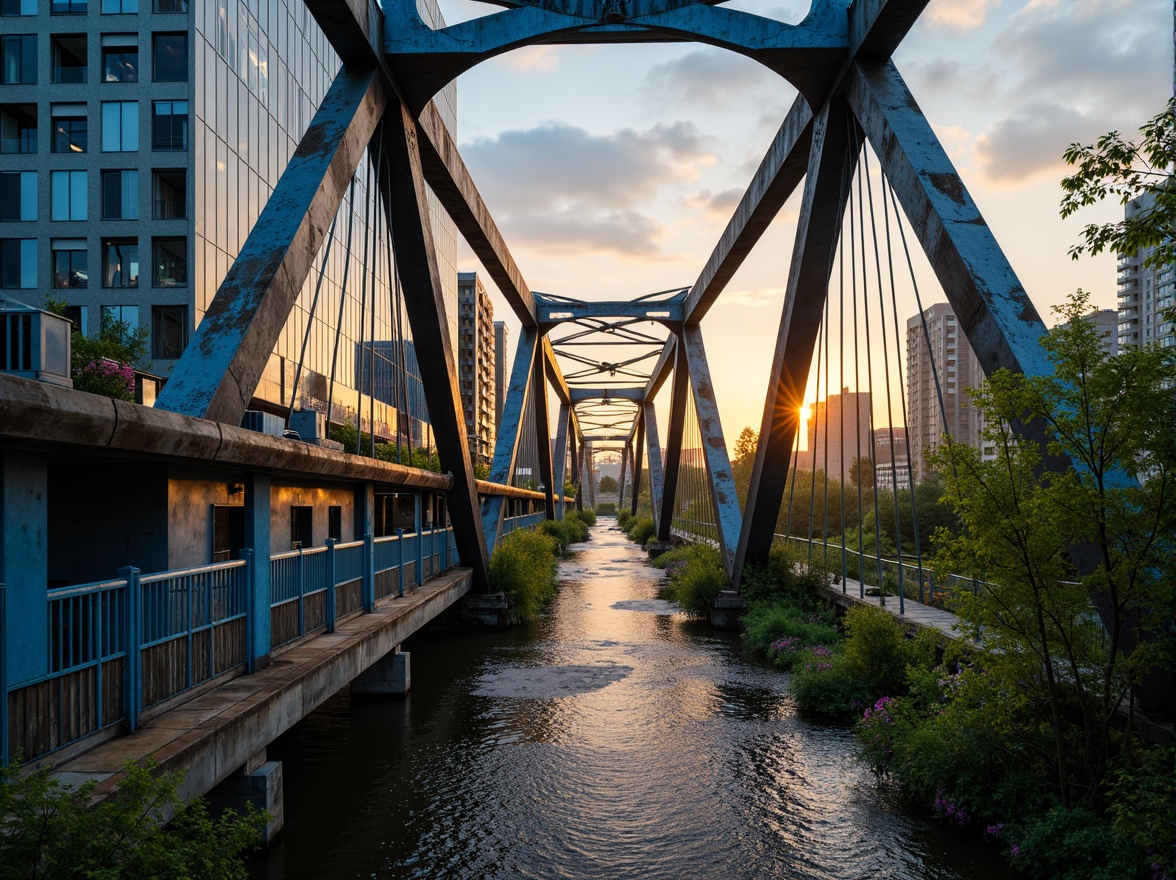 Prompt: Industrial steel bridge, rugged metallic texture, bold blue accents, weathered wooden planks, misty atmospheric lighting, serene natural surroundings, gentle river flow, lush greenery, vibrant wildflowers, rustic stone piers, intricate cable details, warm golden sunset, soft warm glow, shallow depth of field, 3/4 composition, panoramic view.