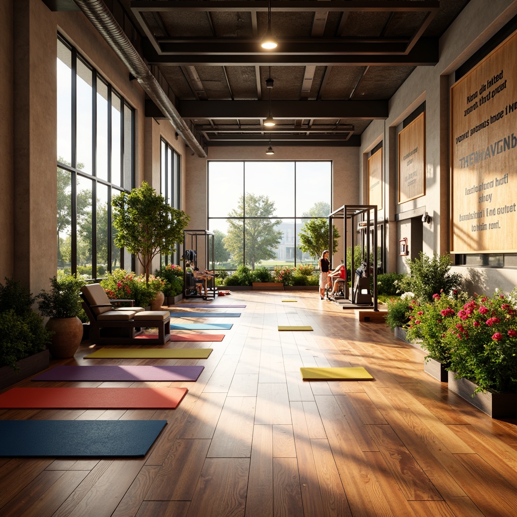 Prompt: Vibrant fitness club interior, large windows, abundant natural light, warm wood flooring, modern gym equipment, sleek metal frames, colorful exercise mats, motivational quotes, fresh greenery, blooming flowers, soft warm lighting, shallow depth of field, 1/1 composition, panoramic view, realistic textures, ambient occlusion.