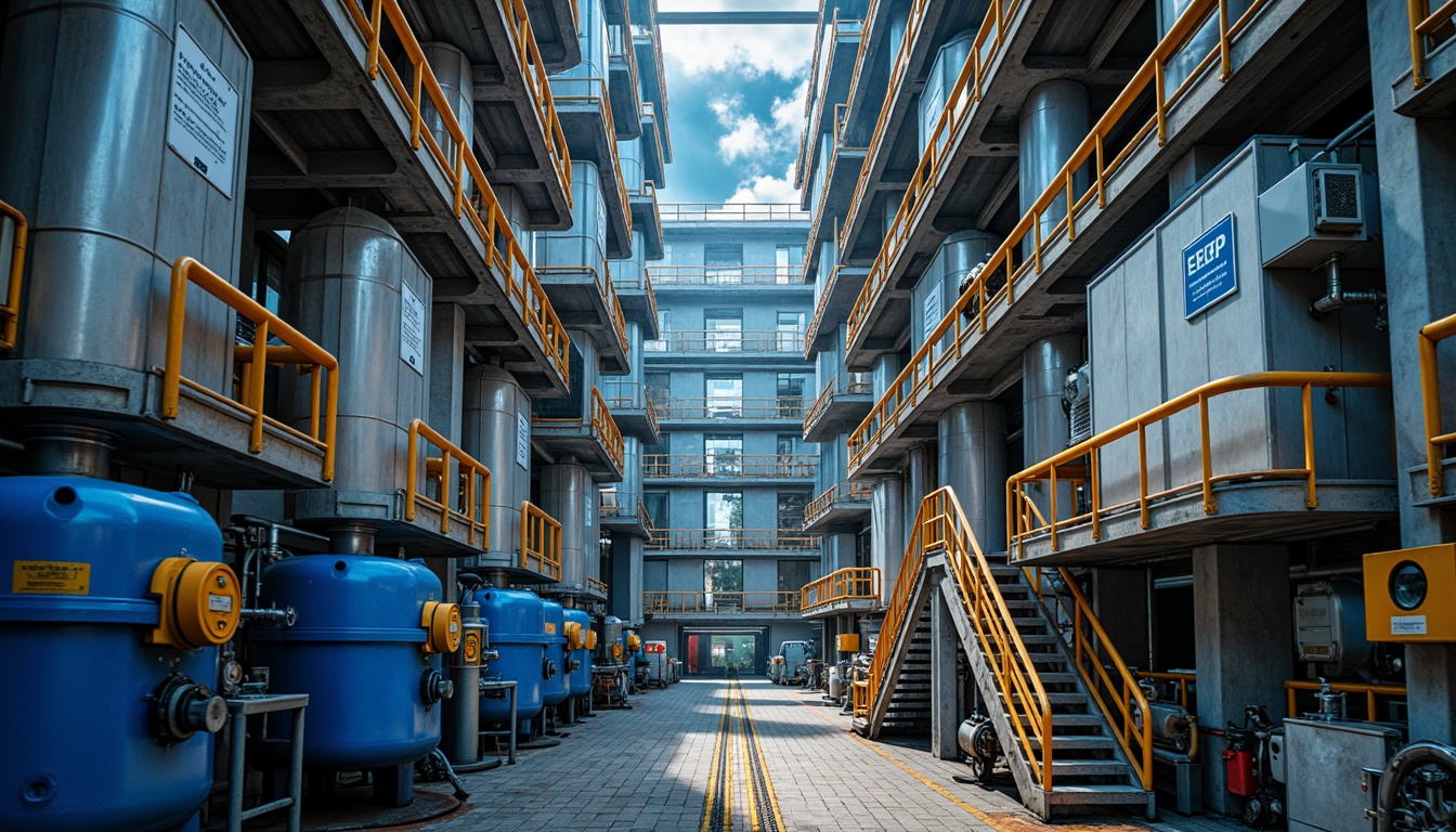 Prompt: Vibrant industrial landscape, sprawling energy facilities, steel structures, mechanical equipment, pipes and valves, warning signs, bright yellow safety lines, deep blue machinery, metallic silver accents, bold orange accents, high-visibility color schemes, functional design, utilitarian architecture, dramatic lighting effects, low-angle shots, shallow depth of field, 2/3 composition, atmospheric perspective.