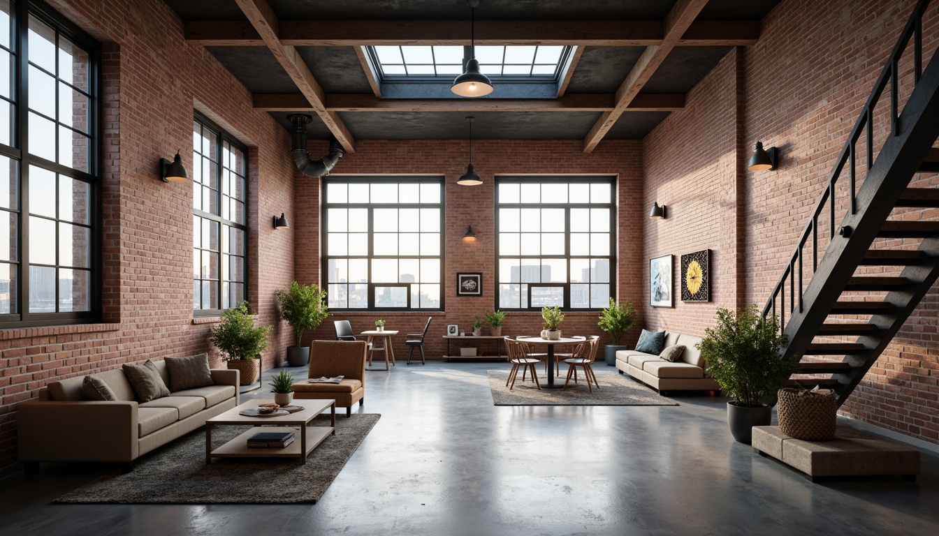 Prompt: Industrial chic loft, exposed brick walls, polished concrete floors, minimalist decor, large windows, clerestory windows, skylights, natural light pouring in, airy open space, steel beams, reclaimed wood accents, modern pendant lights, industrial metal stairs, urban cityscape views, soft warm lighting, shallow depth of field, 3/4 composition, panoramic view, realistic textures, ambient occlusion.