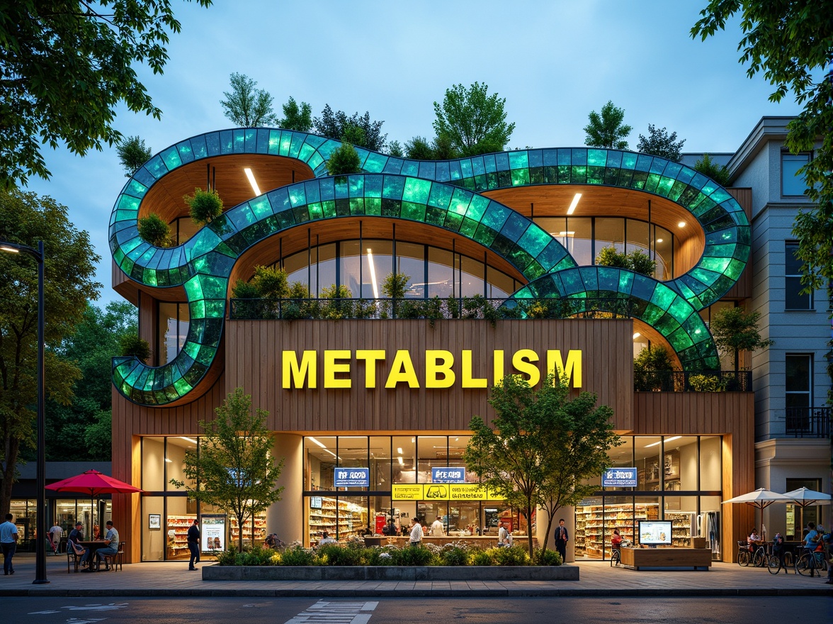 Prompt: Vibrant grocery store facade, organic metabolism style, undulating curves, bioluminescent accents, translucent glass panels, verdant green walls, living roofs, solar panels, wind turbines, recycled materials, eco-friendly signage, natural stone foundations, earthy color palette, warm ambient lighting, shallow depth of field, 1/1 composition, realistic textures, soft focus effect.Please let me know if this meets your requirements!