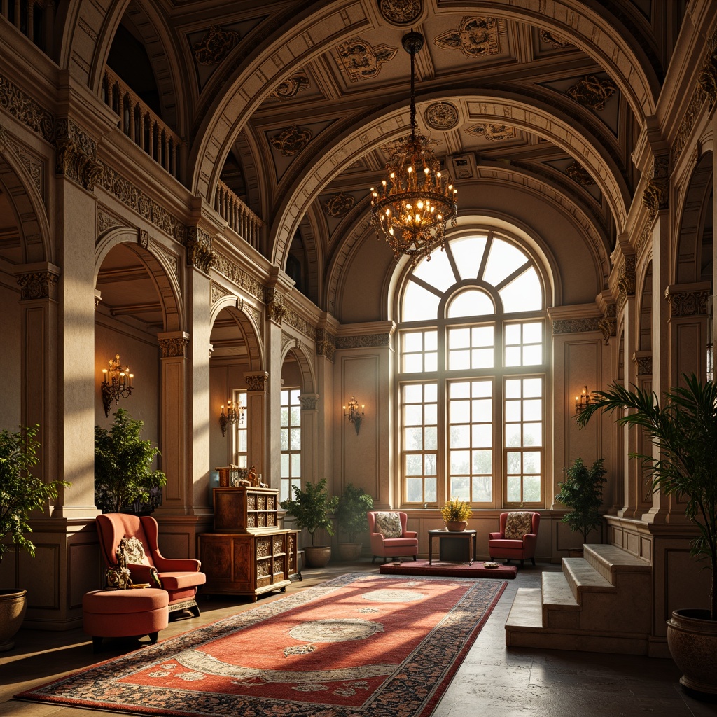 Prompt: Ornate arched windows, grandiose Baroque architecture, intricately carved stone facades, ornamental balustrades, sweeping volutes, dramatic curved lines, lavish decorations, gold leaf accents, richly patterned rugs, opulent chandeliers, warm golden lighting, soft focus, 1/2 composition, atmospheric perspective, highly detailed textures.