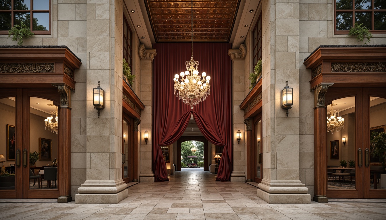 Prompt: Grandiose Neoclassical fa\u00e7ade, limestone walls, ornate columns, carved marble details, gilded accents, symmetrical compositions, rusticated bases, classical pediments, copper roofing, bronze door handles, velvet drapes, crystal chandeliers, rich wood paneling, polished granite floors, intricate moldings, subtle warm lighting, 1/1 composition, shallow depth of field, realistic textures.