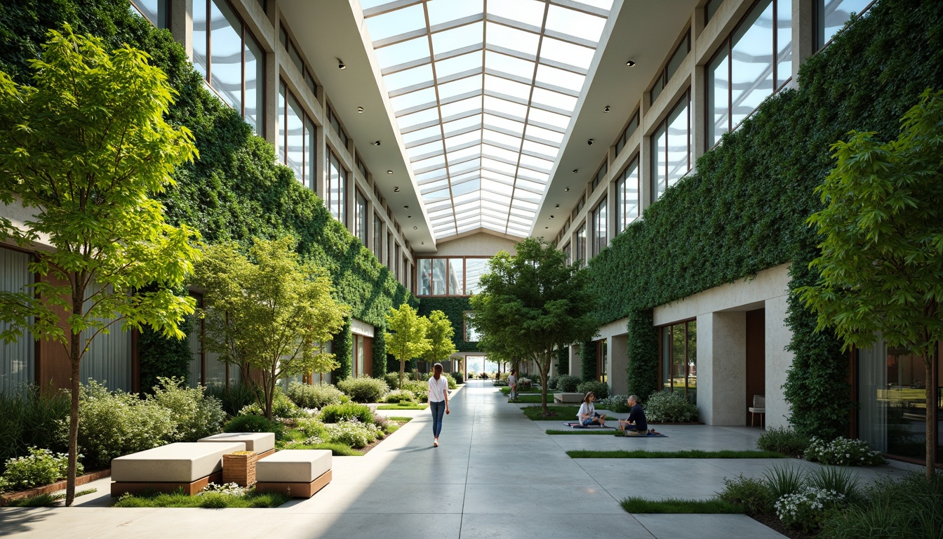 Prompt: Vibrant atrium, lush green walls, floor-to-ceiling windows, skylights, clerestory windows, transparent roofs, reflective surfaces, minimal obstructions, open floor plans, airy corridors, bright interior spaces, natural ventilation systems, solar tubes, lightwells, radiant floors, thermal massing, passive solar design, sustainable building materials, eco-friendly architecture, modern minimalist style, simple color palette, abundant daylight, soft warm lighting, 1/1 composition, shallow depth of field, realistic textures.