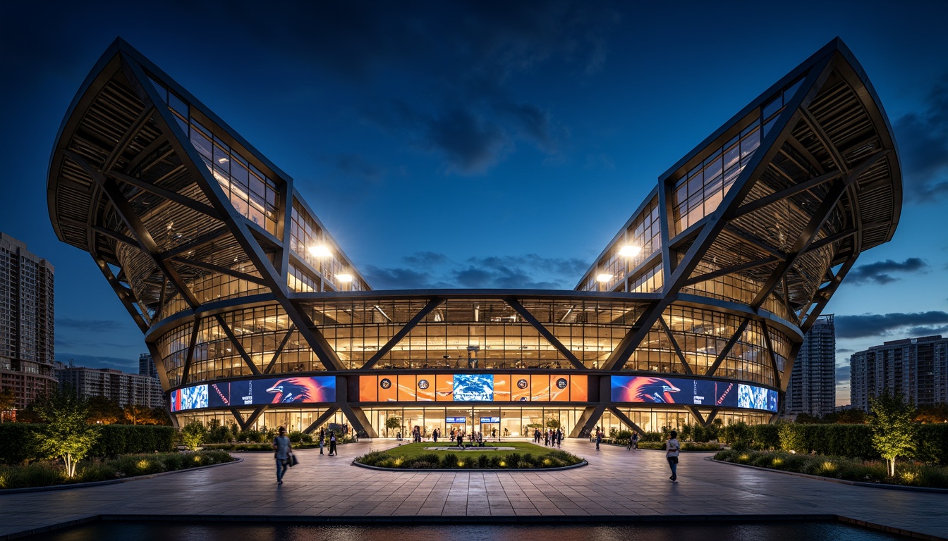 Prompt: Massive football stadium, angular structuralist fa\u00e7ade, cantilevered roofs, exposed steel beams, reinforced concrete columns, dynamic curved lines, bold geometric patterns, vibrant team colors, sprawling outdoor plazas, grand entrance archways, LED scoreboard displays, floodlighting systems, urban cityscape backdrop, dramatic nighttime illumination, low-angle hero shot, 1-point perspective composition, high-contrast realistic rendering, detailed metallic textures, ambient atmospheric effects.