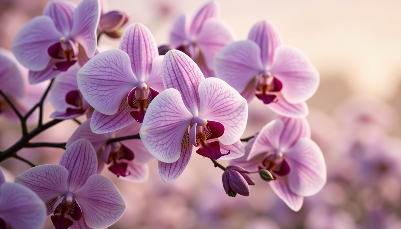 Prompt: Delicate orchid flowers, pastel purple hues, soft pink undertones, creamy whites, rich berry accents, subtle gold metallic sheen, elegant curves, ornate details, luxurious fabrics, refined textures, sophisticated ambiance, warm golden lighting, shallow depth of field, 1/1 composition, intimate close-up shots, realistic renderings, ambient occlusion.Please let me know if this meets your requirements or if you need any further adjustments!