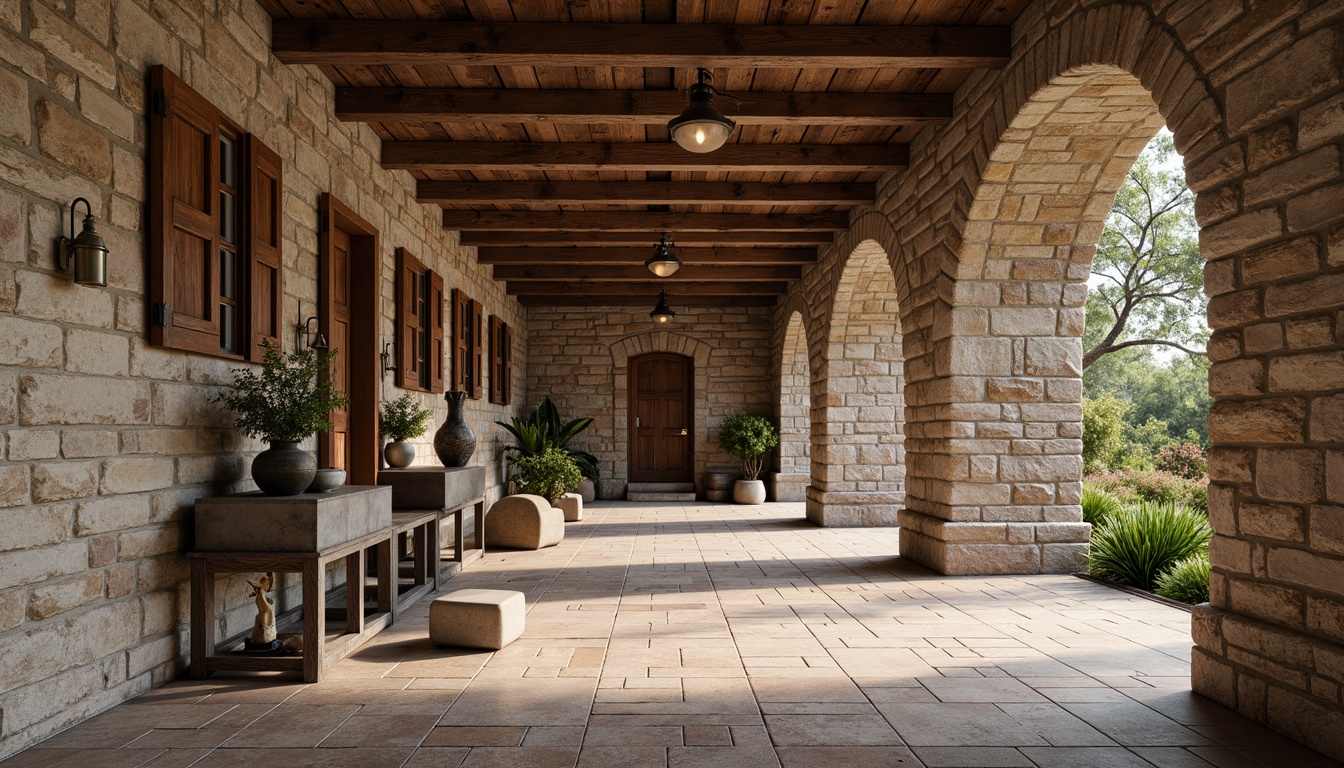 Prompt: Weathered stone walls, rough-hewn wood accents, rustic metal fixtures, distressed concrete floors, tactile brick patterns, organic natural forms, earthy color palette, soft warm lighting, shallow depth of field, 3/4 composition, realistic textures, ambient occlusion.