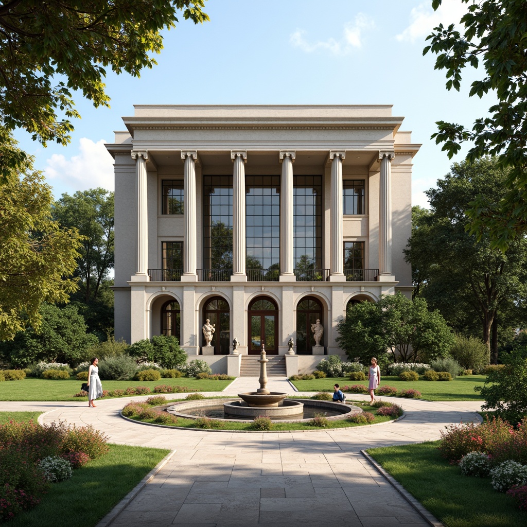 Prompt: Grandiose library facade, Ionic columns, ornate details, lush greenery, vibrant flowers, manicured lawns, walking paths, natural stone pavements, symmetrical fountain, tranquil water features, majestic trees, sunny day, soft warm lighting, shallow depth of field, 3/4 composition, panoramic view, realistic textures, ambient occlusion.