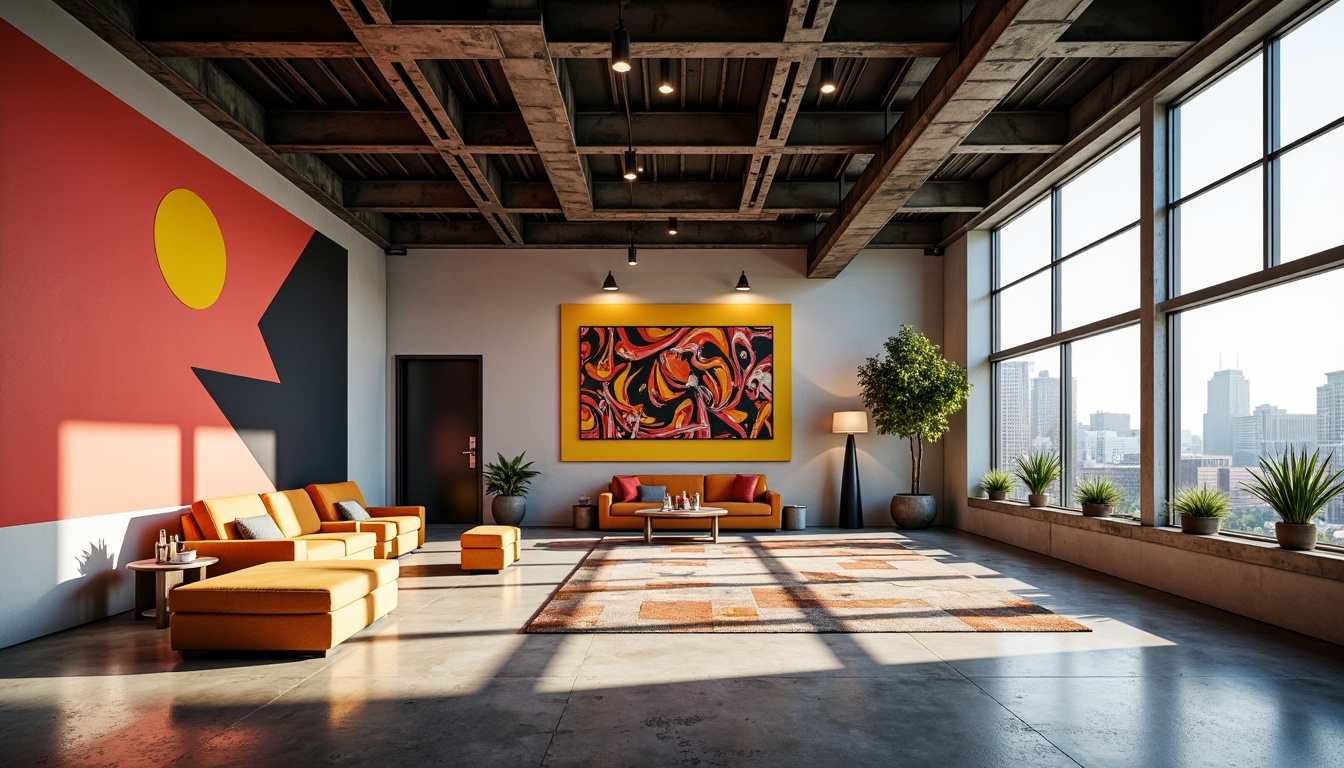 Prompt: Vibrant constructivist space, bold geometric shapes, abstract artwork, primary color accents, industrial metal beams, polished concrete floors, minimalist decor, functional furniture, urban cityscape views, natural light pouring in, high-contrast shadows, dramatic spotlights, 1/1 composition, symmetrical framing, harsh textures, ambient occlusion.