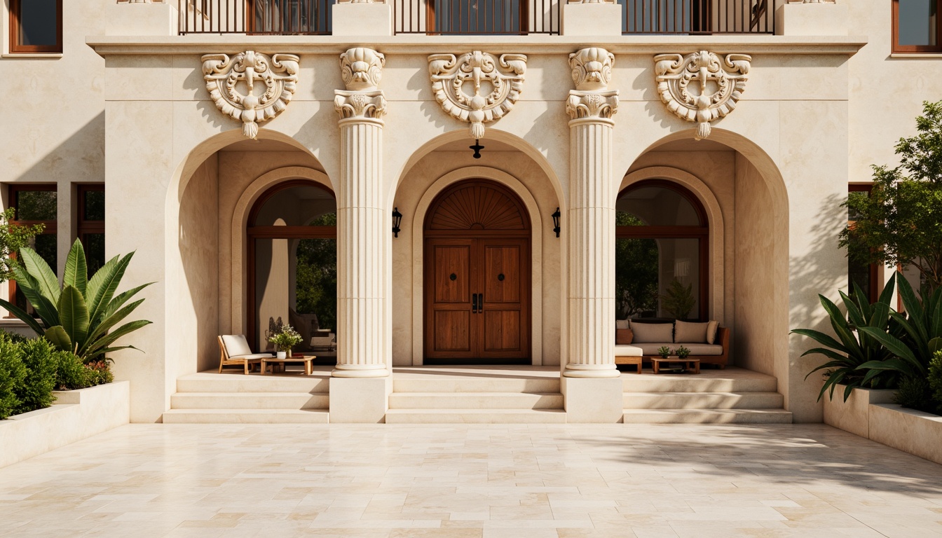 Prompt: Coral-inspired neoclassical facade, ornate columns, curved lines, warm beige stone, creamy white marble, intricately carved details, grand entranceways, symmetrical composition, subtle oceanic colors, tropical plants, sunny day, soft warm lighting, shallow depth of field, 3/4 composition, panoramic view, realistic textures, ambient occlusion.