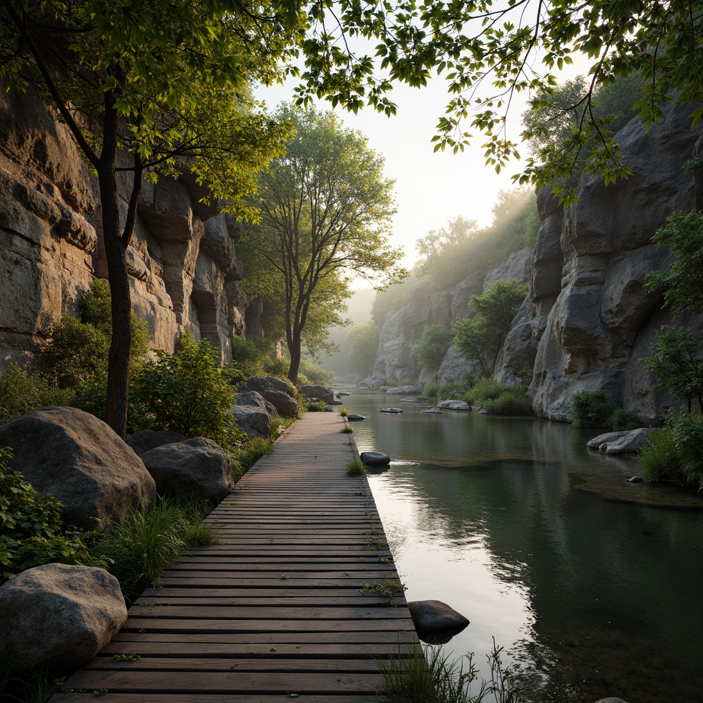 Prompt: Rustic riverbank, natural stone walls, wooden dock, weathered wood planks, rough-hewn boulders, lush green vegetation, overhanging trees, reflective water surface, misty atmosphere, soft warm lighting, shallow depth of field, 1/2 composition, realistic textures, ambient occlusion, earthy tone, organic forms, irregular shapes, natural materials, wooden accents, stone carvings, woven textiles, intricate patterns.